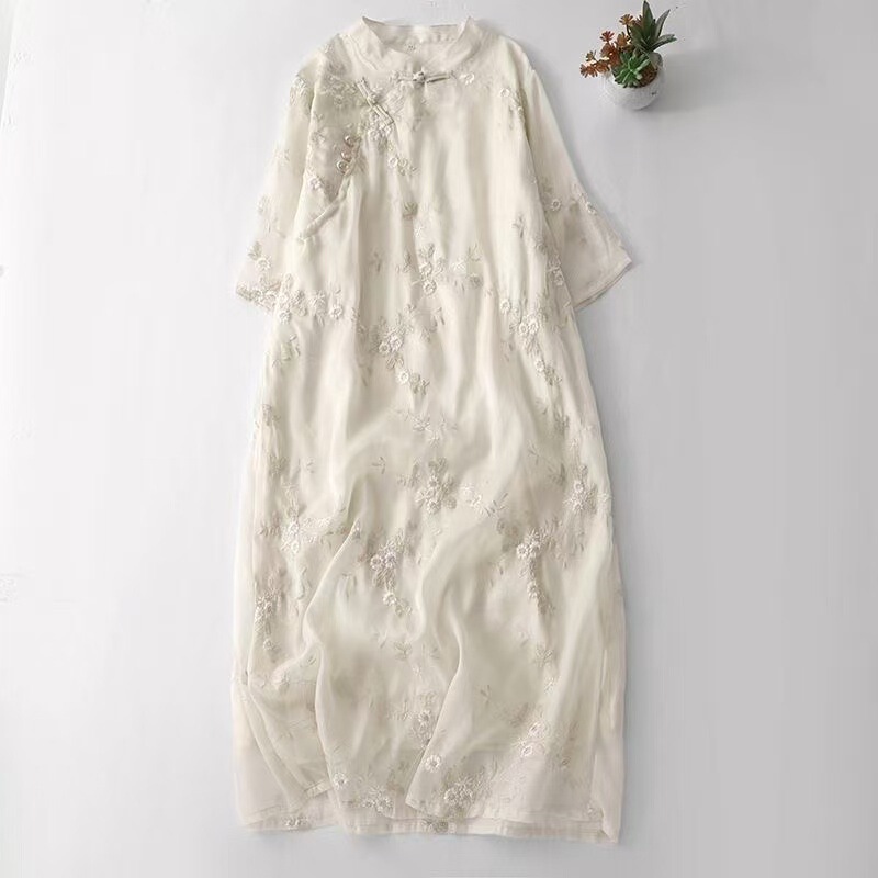 New Chinese-Style National Style Heavy Embroidery Buttoned Cheongsam Dress for Women, Summer High-End Elegant Cotton-Linen A-Line Long Dress New Chinese-Style National Style Heavy Embroidery Buttoned Cheongsam Dress for Women, Summer High-End Elegant Cotton-Linen A-Line Long Dress