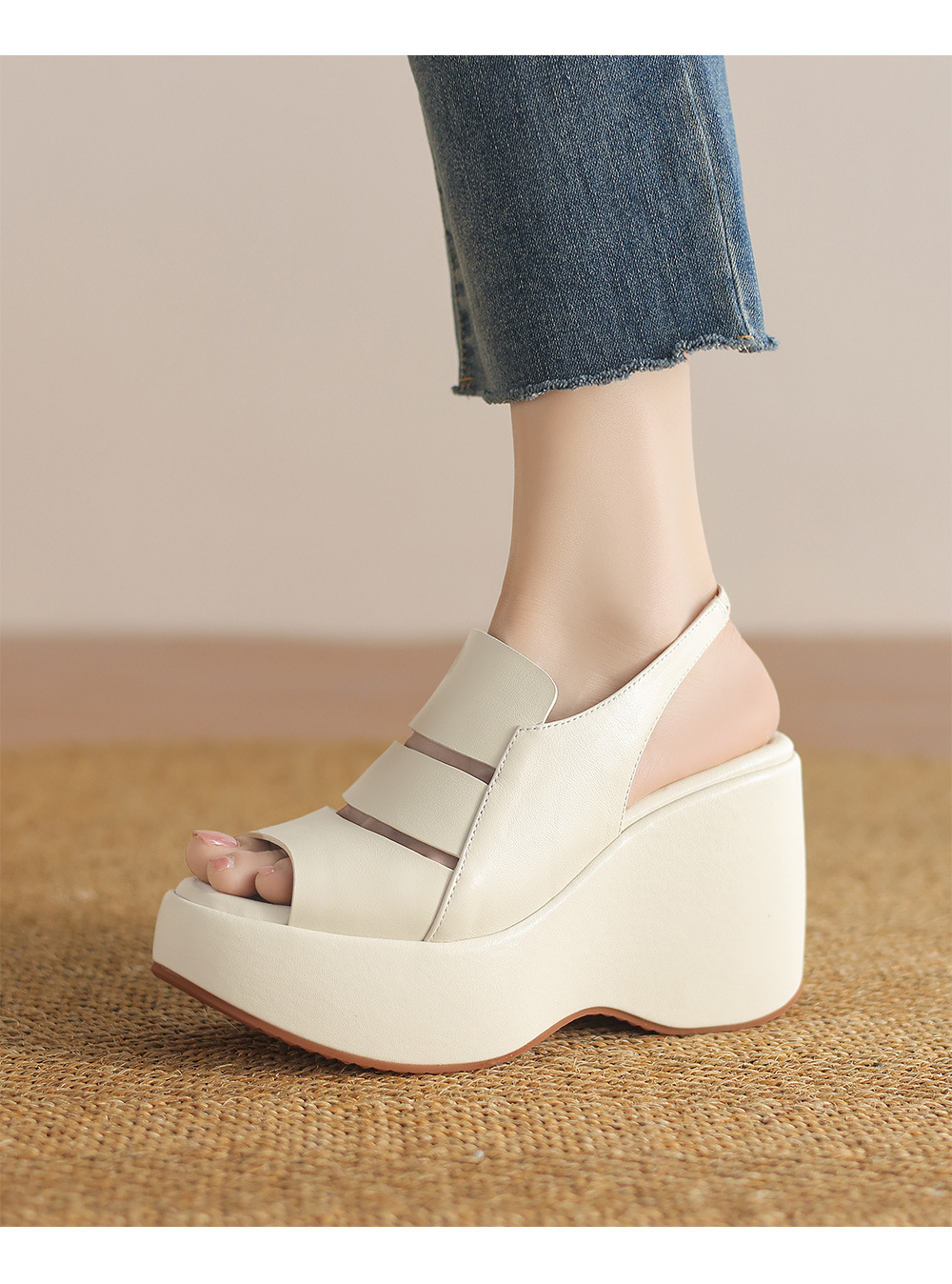 Sandal nữ đế xuồng cao gót da thật phong cách La Mã, gót 9 cm — đen, Màu trắng nhạt chi tiết 11
