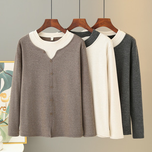 2024 autumn plus size women's contrast color T-shirt fake 2 long sleeve T-shirt niche base shirt fat MM200 kg jacket 2384