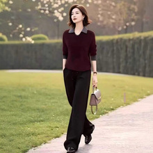 中老年妈妈时尚穿搭一整套拼色翻领针织衫+后腰松紧直筒裤套装秋