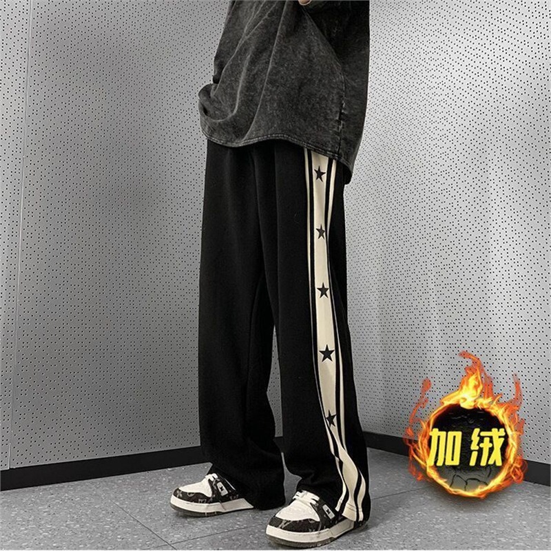 American Style High Street Trendy Side Star Casual Pants Men's Autumn and Winter New Loose All-match Black Sports Pants Women