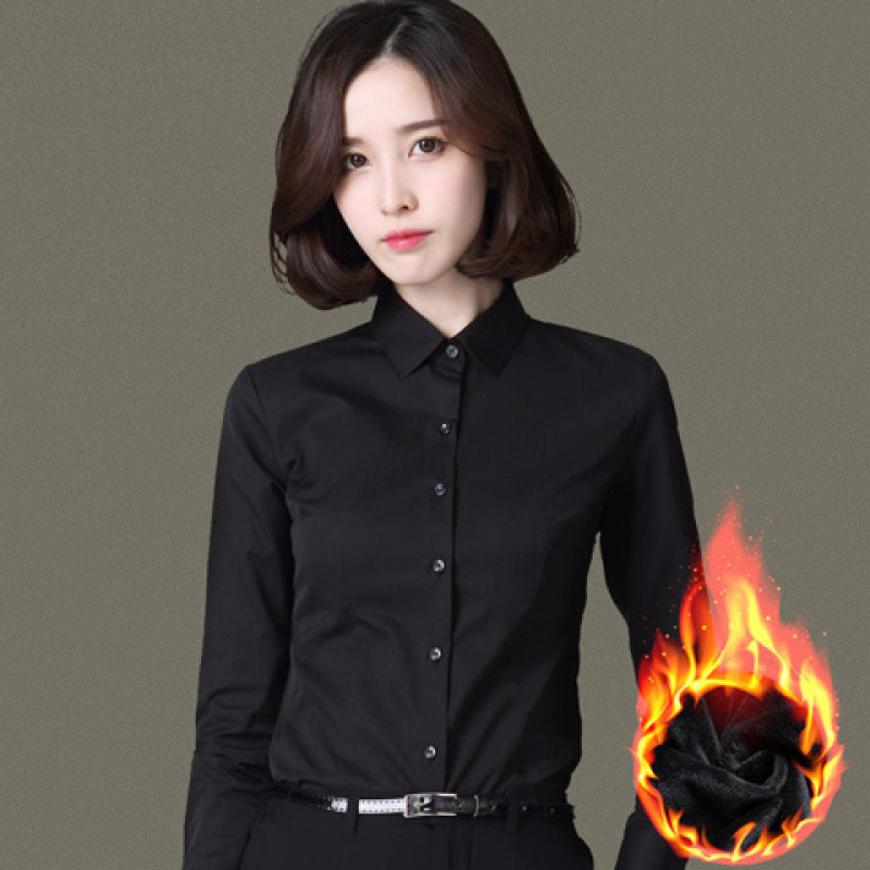 (2개) 가을과 겨울 기모 두꺼운 검은 셔츠 슬림 적합 전문 셔츠 여성용 긴팔 작업복 여성용 숨겨진 버튼 셔츠
