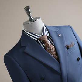 蓝色西装男套装伴郎团礼服团体商务休闲双排扣条纹西服正装抗皱