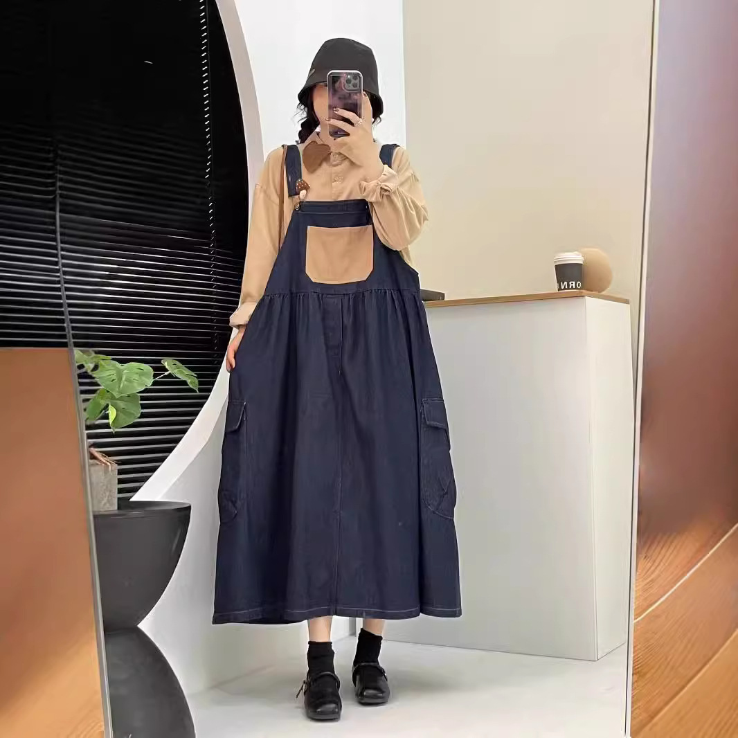 韩版复古牛仔拼接背带裙女秋季新款宽松工装风时尚中长款连衣裙子