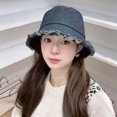 韩风时髦花边牛仔渔夫帽女春秋显脸小水桶帽百搭出街素颜遮阳盆帽