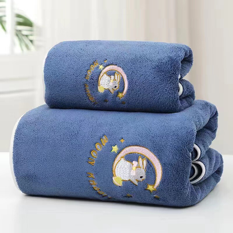 Moon rabbit towel bath towel set coral velvet embroidery set three-piece soft absorbent bath towel household towel Moon rabbit towel bath towel set coral velvet embroidery set three-piece soft absorbent bath towel household towel