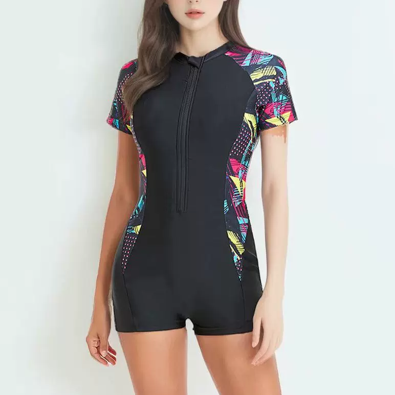 拉链款欧美连体泳衣女性感竞技彩印比基尼亚马逊外贸度假bikini