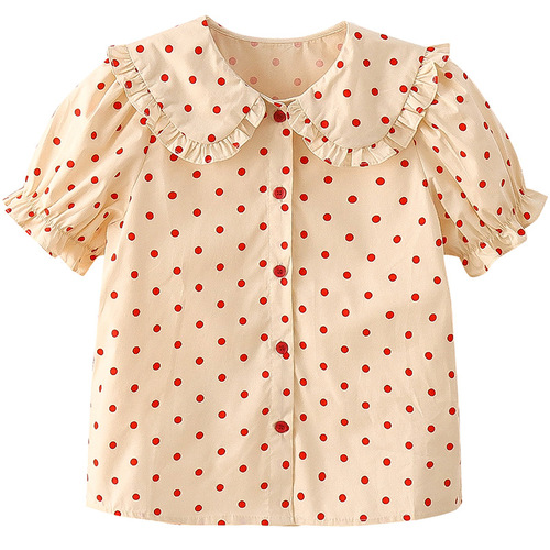 女童夏季短袖衬衫全棉圆点上衣娃娃领洋气幼儿园小学中大童泡泡袖
