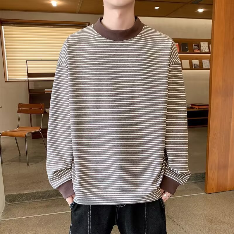 Boys Striped Long Sleeve Base Layer Shirt With Half High Collar_voghion.com