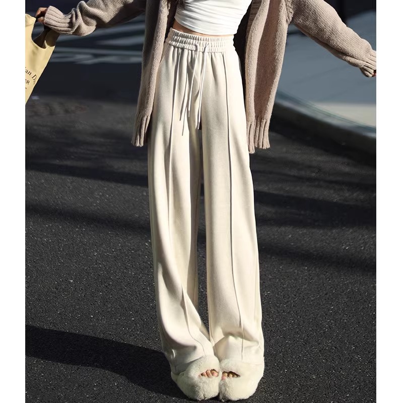 Pantalones de piernas anchas blancas de herringbone para mujeres primavera y otoño 2024 nuevo estilo alargado otoño y invierno grueso de cintura alta pantalones de lana