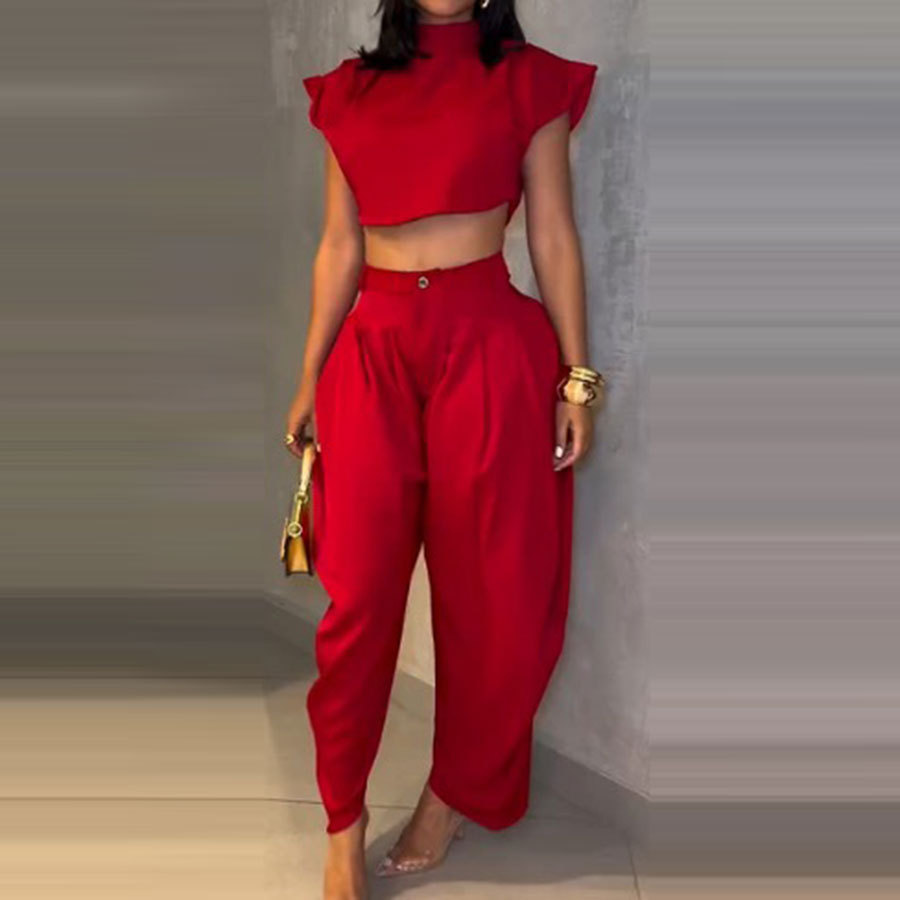 Amazon Cross-Border 2025 Summer New European and American Foreign Trade Fashion Women's High-Waisted Trousers and Tops Two-Piece Set for Women