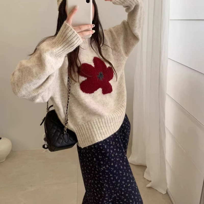 花朵毛衣套头女秋冬季新款韩系软糯宽松外穿短款百搭针织衫上衣|undefined