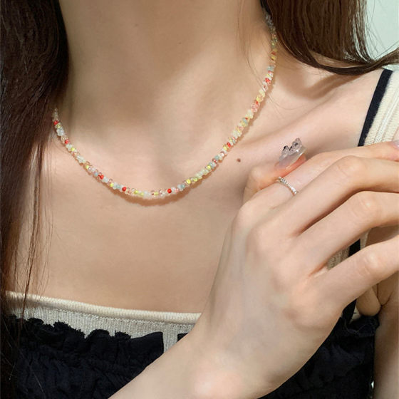 Summer Color Beaded Necklace Blue Pink Niche Hand-made Necklace for Women Korean Girly Sweet Necklace for Women
