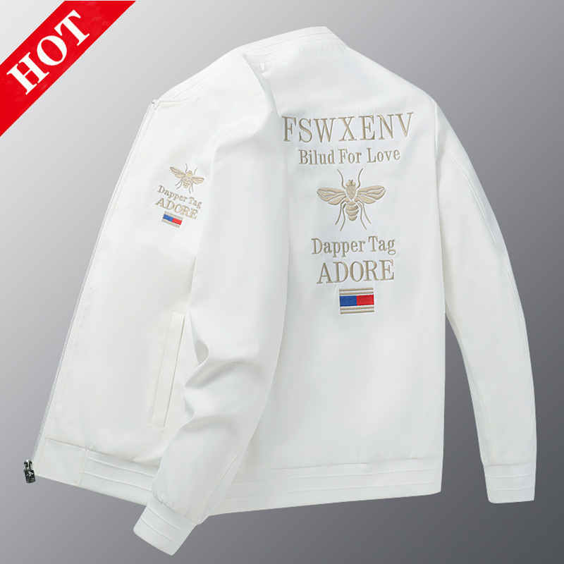 Fashionable Brand Classy White Bee Embroidered Jacket Men's Casual European Station Trendyy Handsome Baseball Jacket