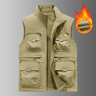 Cross-Border Men's Vest Jacket with Multiple Pockets, Large Size, Trendy Sleeveless Thickened Vest, Warm Men's Vest, Trendy