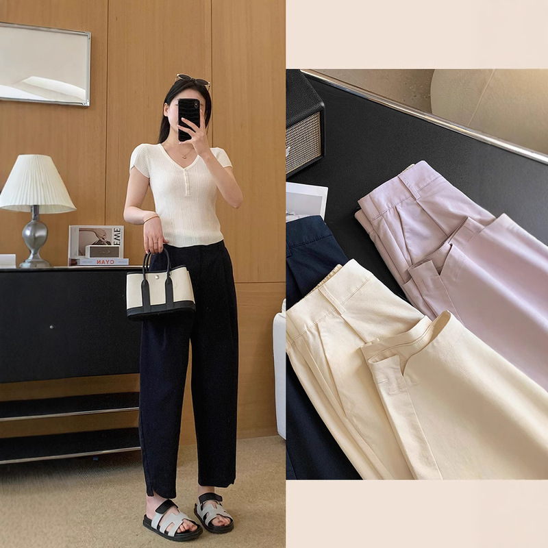 taro bobo pants! Fixed-Woven Tester Cotton Arc-Cut Side Slit Cocoon-Shaped Pants Cropped Casual Pants