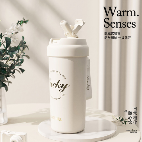 Thermal cup coffee cup for girls with high aesthetic value portable straw water cup, cold retaining with tea filter, large capacity cup, gift