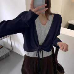 MUYAN 温柔蓝色拼灰背心 绑带假两件针织衫开衫 女假套式毛衣女