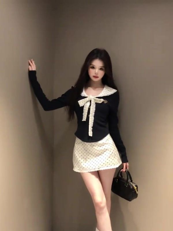 纯欲风娃娃领绑带t恤套装女秋冬高腰波点包臀半身裙修身长袖上衣|undefined