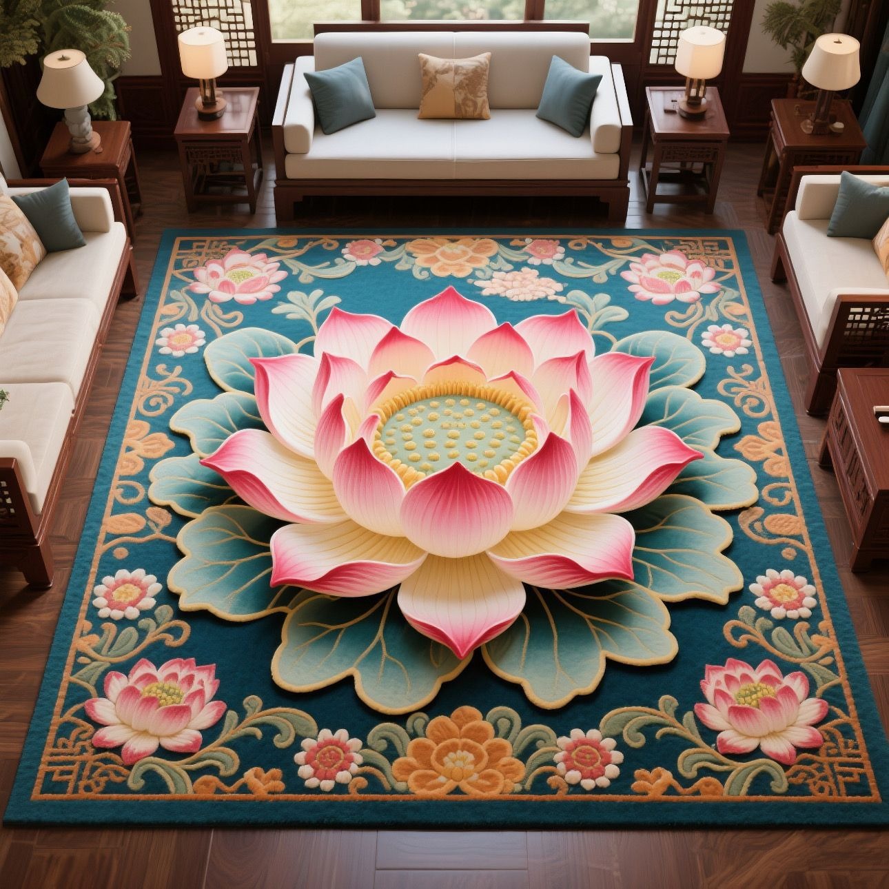 Lotus Lotus Carpet Is Water-Absorbent, Non-Slip, Easy to Care for and Easy to Clean. Chinese-Style Square Crystal Velvet Floor Mat