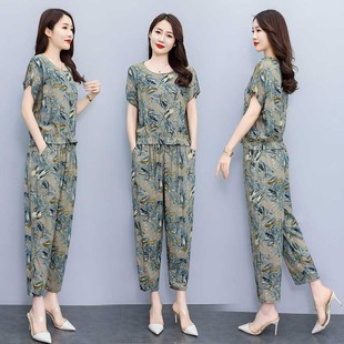 2025 Cotton Silk Suit Women's Ethnic Style Middle-Aged Mother Summer Short-Sleeved Square Dance Wide-Leg Pants Printed Two-Piece Trendy Set