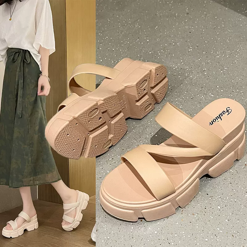 高跟凉拖鞋女夏季厚底外穿时尚百搭防滑一字拖细带简约纯色罗马风