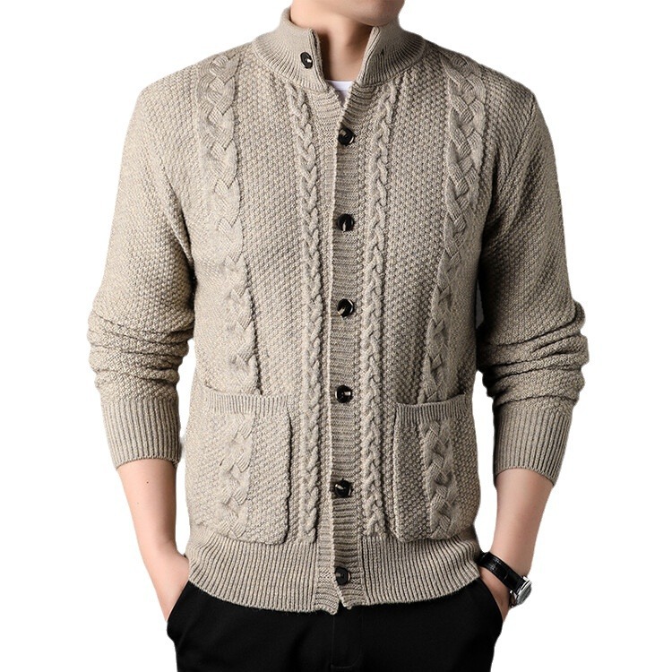 Nuevo hombre de mediana edad de tendencia de invierno y otoño camiseta de punto de color sólido Jacquard botón Cardigan chaqueta aguja gruesa suéter casual
