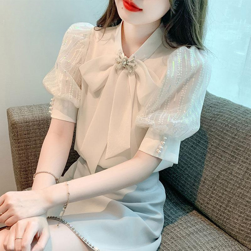宫廷风雪纺短袖衬衫女士夏季减龄洋气小衫2025新款爆款泡泡袖上衣|undefined