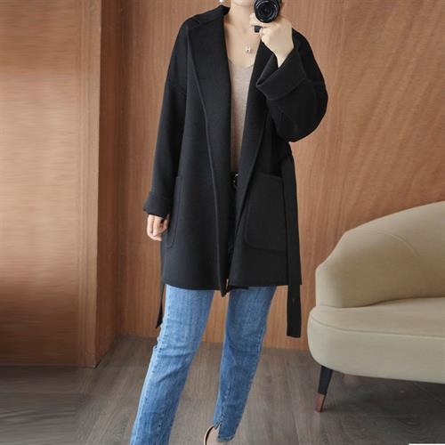 感宽松显瘦羊毛大衣时尚百搭慵懒风外套黑色可可色有吊牌氨纶