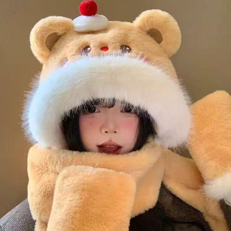 可爱蛋糕小熊毛绒帽子围巾手套一体三件套女冬季保暖显脸小雷锋帽
