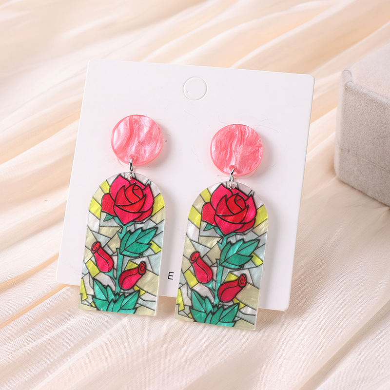 1 Pair Sweet Sunflower Rose Chrysanthemum Printing Flowers Arylic Dangling Earrings display picture 7