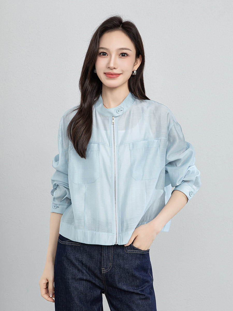Áo khoác sơ mi ngắn tay nữ chất liệu linen pha acetate mùa hè dáng rộng — Xanh da trờicolor