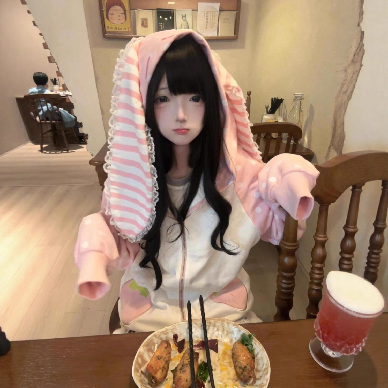 Japanese-Style Soft Cute Girl Pink Strawberry Bunny Soft Girl Sweet Big Ears Lace Splicing Polka Dot Sweatshirt Jacket