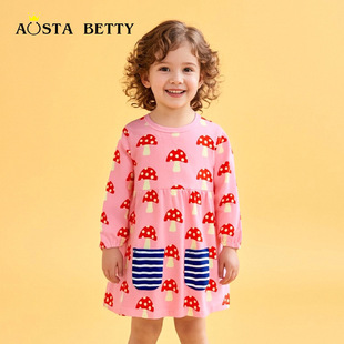 Aostabetty Autumn Children's Dress European and American Style Cartoon Print Pocket Children's Dress Fashion Girls Princess Dress