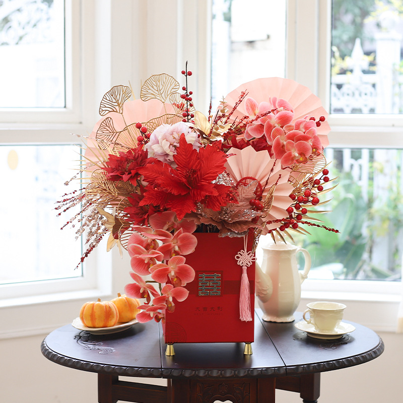 金座新年福桶年宵花福桶方形红色金色插花桶婚庆乔迁插花盒