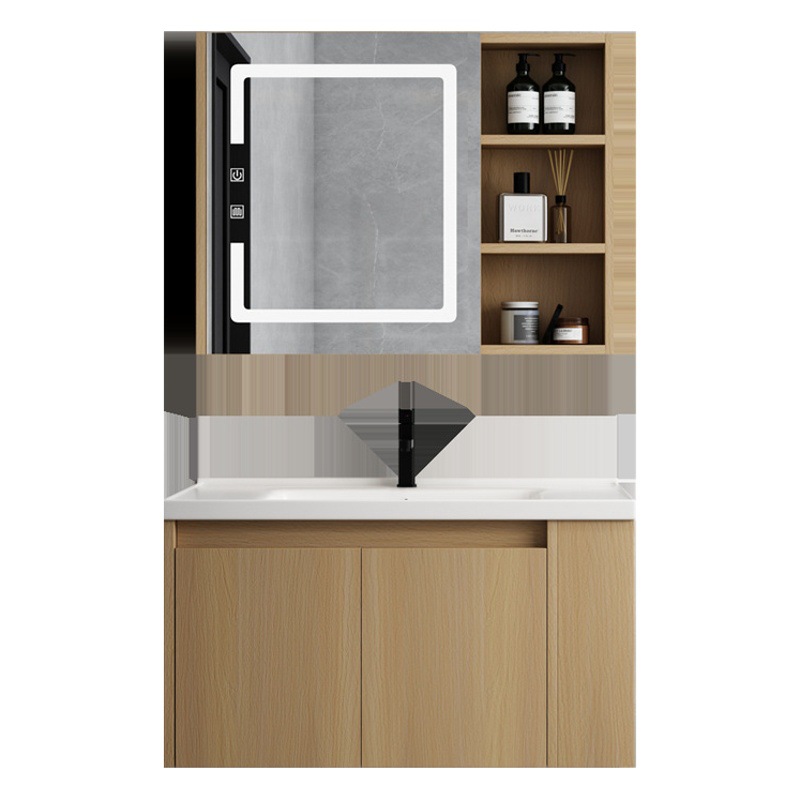Mueble de baño de madera maciza lavabo de baño combinación de gabinete de cerámica cuenca integrada Lado de almacenamiento lavado cara inteligencia