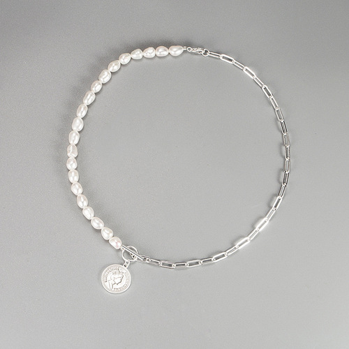 French celi heavy industry baroque freshwater pearl necklace S925 pure silver portrait coin queen lockchain