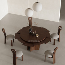 中古半月圆桌侘寂风小户型带转盘黑胡桃旋转伸缩餐桌实木变径餐桌