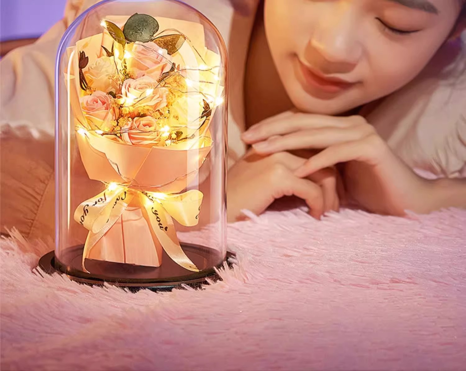 Silk Rose Bouquet with Glass Dome and LED String Light 7 Red Roses Romantic Gift for Her details