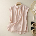 法式小翻领上衣粉色短袖衬衫女文艺设计感两面穿纯色衬衣女潮