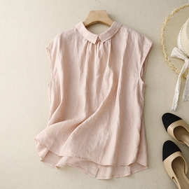 法式小翻领上衣粉色短袖衬衫女文艺设计感两面穿纯色衬衣女潮