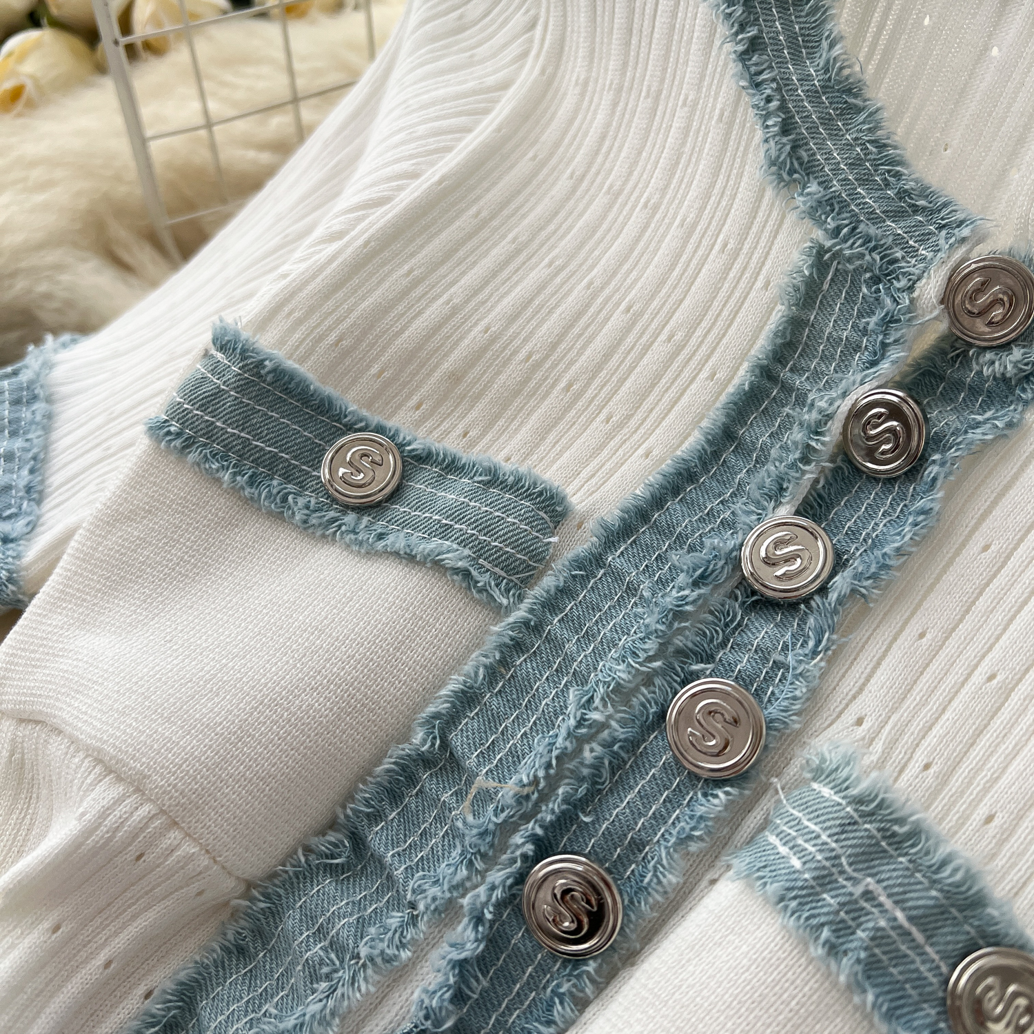 Elegant Denim Patchwork Short Sleeve Dress With Metal Buttons - High Waist A-Line Midi Dress For Women, Casual Office Wear (White/Black/Blue)_ecoleips.com