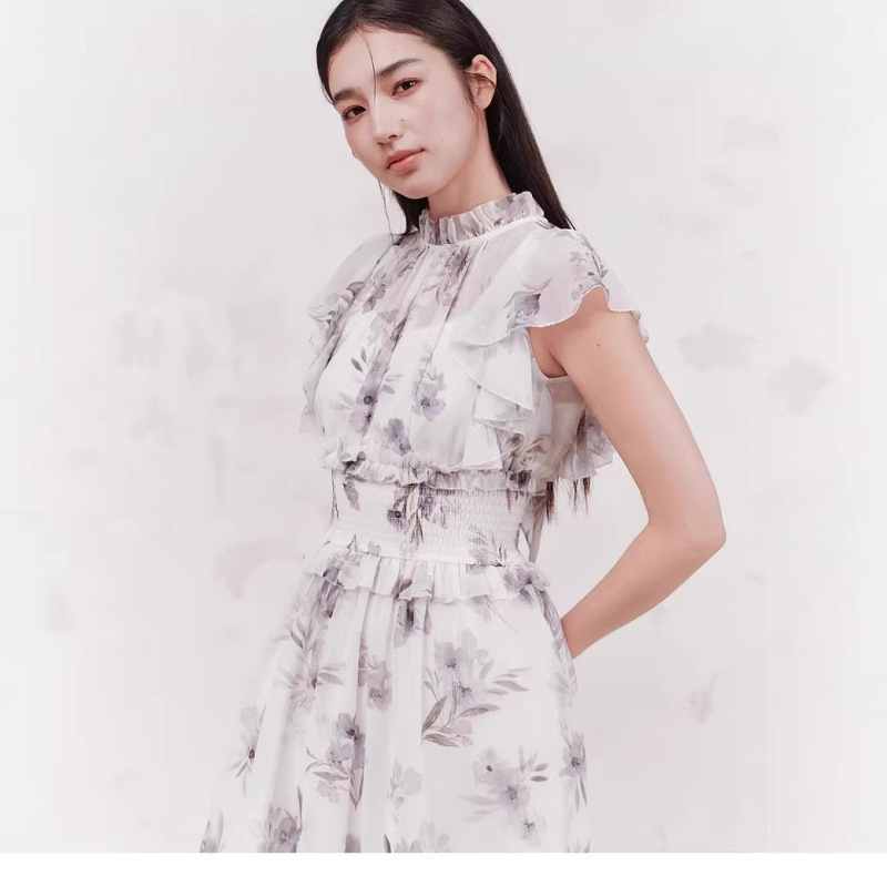 Wzfs26001 Spring/Summer New Elegant Ruffle Collar Waist-Cinched Cap Sleeve Printed Mid-Length Dress Cross-Border