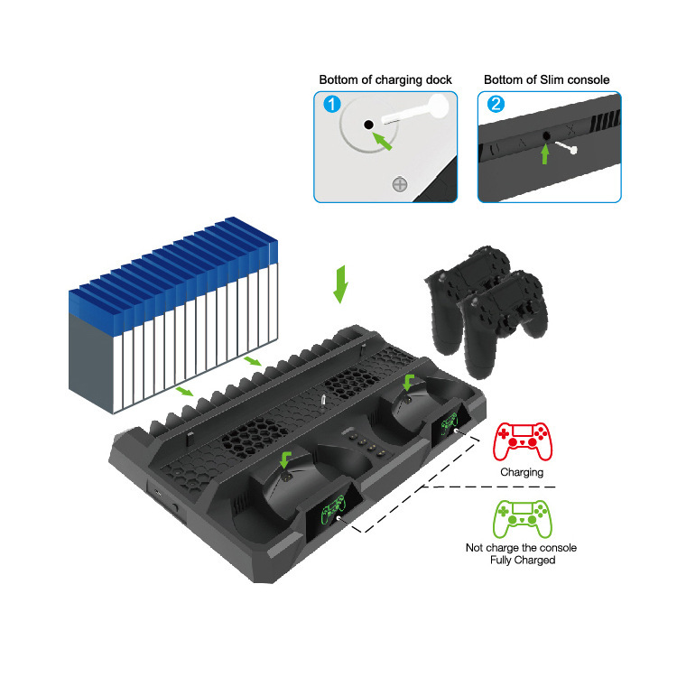 PS4 / SLIM / PRO Host Base de ventilador de disipación de calor multifuncional con soporte de almacenamiento de discos PS4 mango de carga doble asiento