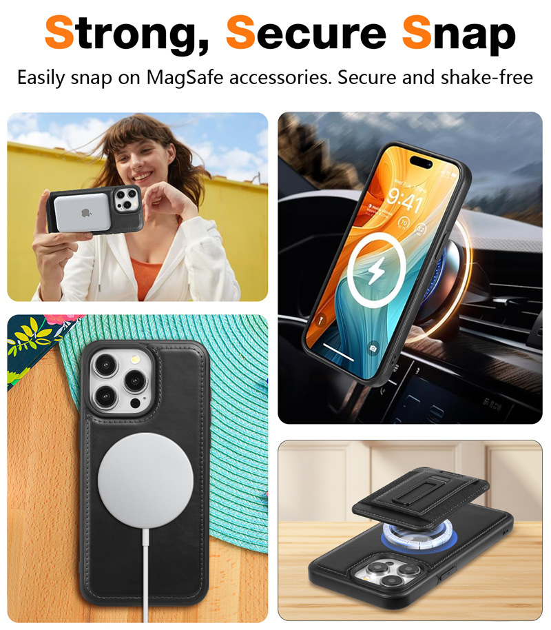 Ốp lưng iPhone 16 Pro Max chống sốc, bao da doanh nhân hút từ, có giá đỡ, đựng thẻ — Màu đỏ, Màu đen, Bao da giá đỡ nhãn rò rỉ màu xanh lam, Màu nâu chi tiết 6