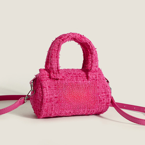  Autumn Winter New Small Chiffon High-end Cylindrical Handbag Women's Fashion Casual Single Shoulder Crossbody Small Bag 