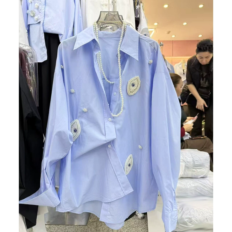 Красные губы вышитые рубашки женские длинные рукава бисера Heavy Industry 2025 летний новый дизайн чувство ниши модный французский топ