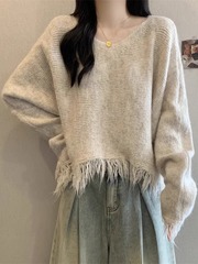 2025新款灰色流苏长袖毛针织衫秋季大码女装胖mm显瘦毛衣上衣