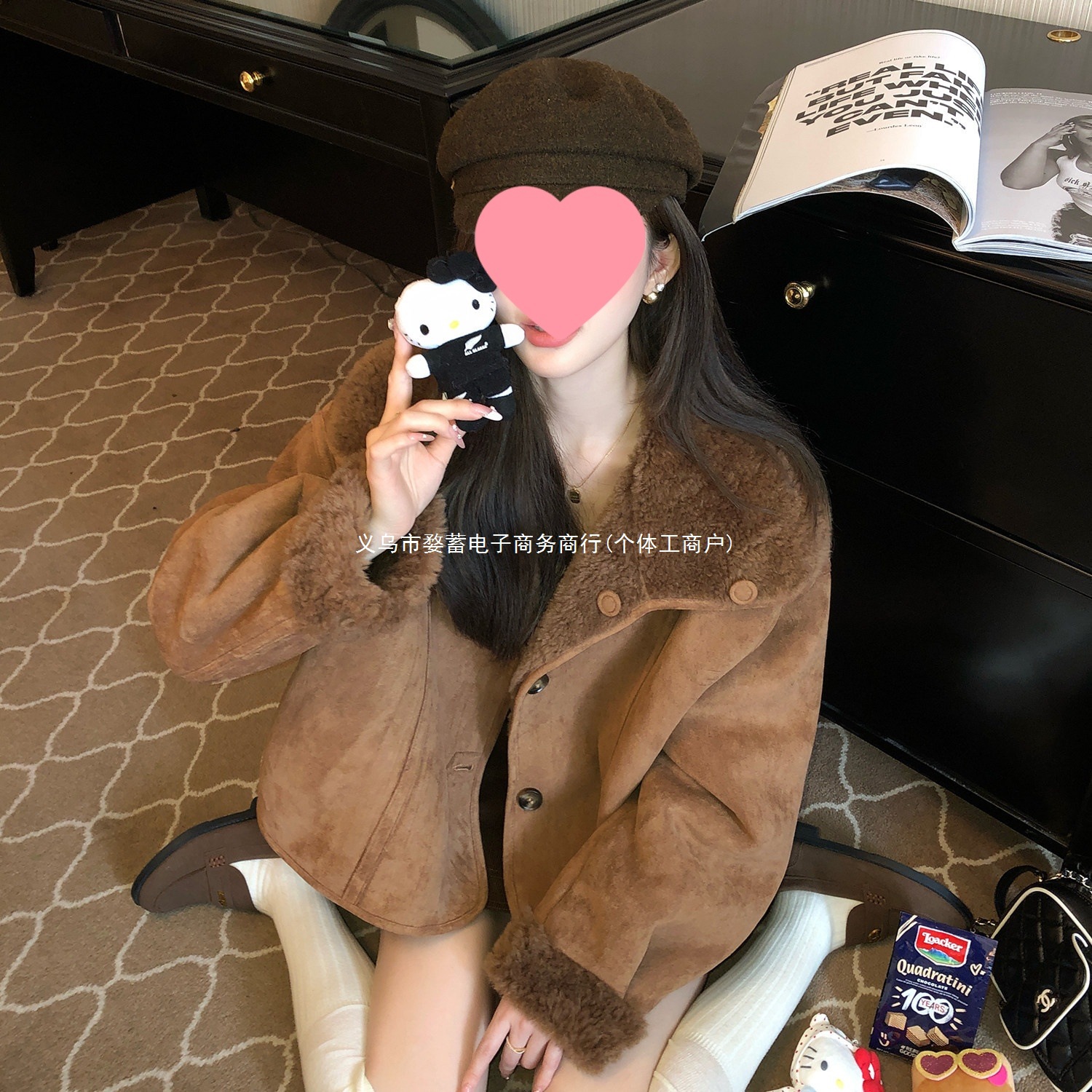 "Fifty-Year-Old Standing Firm: Tea Break Girl" Reversible Shorts - Large Lapel, Pure Wool, Australian Lambswool, and Fur-lined