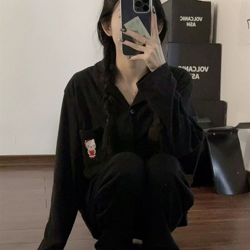韩版简约风黑色Kitty猫睡衣女冬季德绒保暖长袖套装美少女家居服|undefined